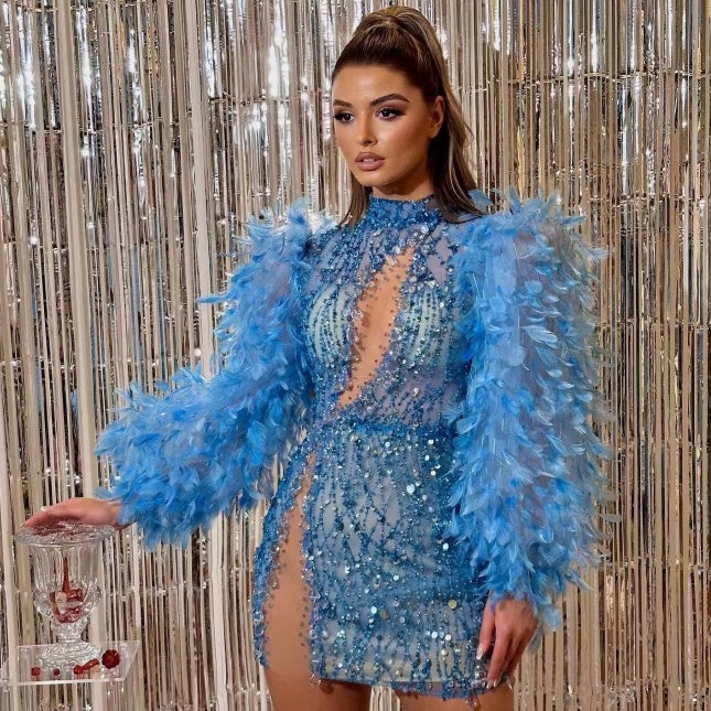 Hollow Gorgeous Feather Sleeve Blue Sequins Dress Light Luxury