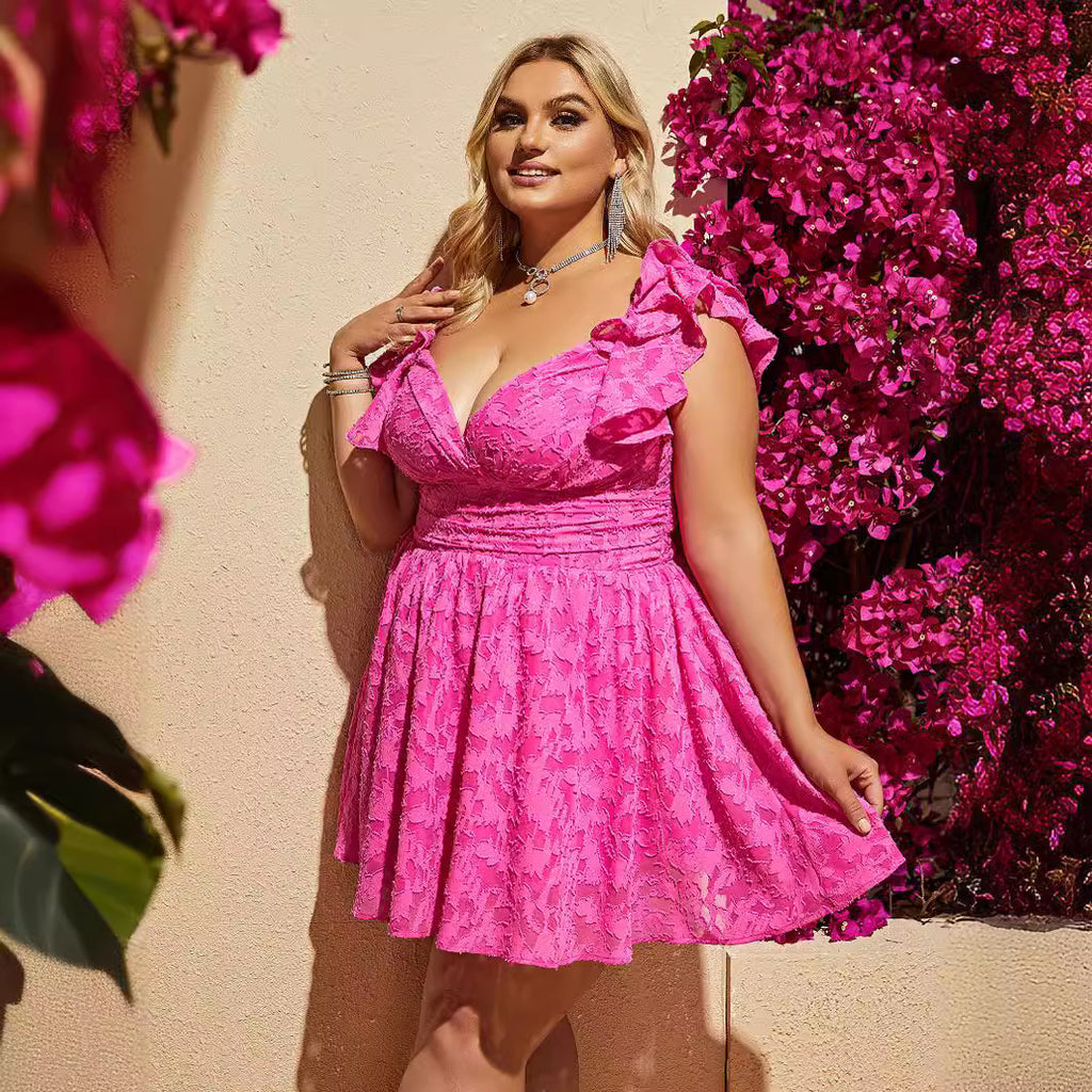 Plus Size Women's Clothing Ruffled Spaghetti Straps Sleeveless Waist Slimming Dress