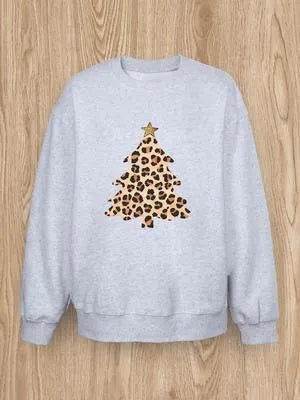 Women Basic Casual Pullover Spring Autumn Long Sleeve Leopard Christmas Tree Printed Round Neck