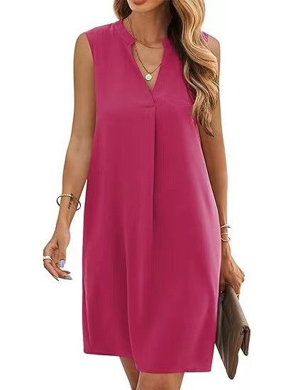 Sleeveless Elegant V-neck Loose Solid Color Dress Women