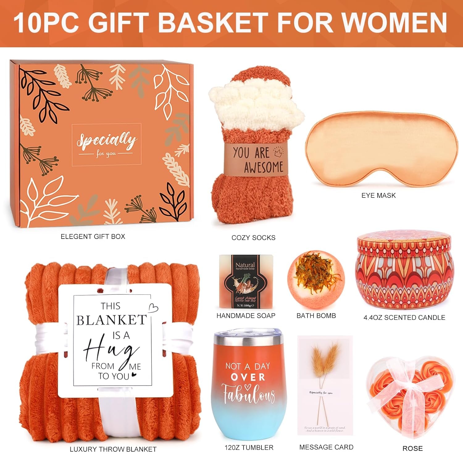 Valentines Day Gifts Basket for Her Wife,Orange Birthday Gifts for Mom Women Her Girlfriend Coworker W/Fall Cozy Socks&Blanket,Autumn Self Care Package Bath Set,Birthday,Valentines Gifts Box for Women