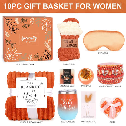 Valentines Day Gifts Basket for Her Wife,Orange Birthday Gifts for Mom Women Her Girlfriend Coworker W/Fall Cozy Socks&Blanket,Autumn Self Care Package Bath Set,Birthday,Valentines Gifts Box for Women