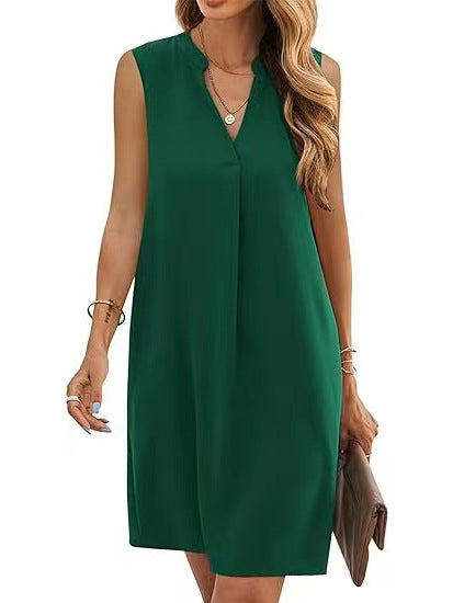 Sleeveless Elegant V-neck Loose Solid Color Dress Women