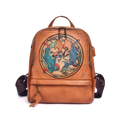 Leather Double Shoulder Vintage Hand Engraved Backpack