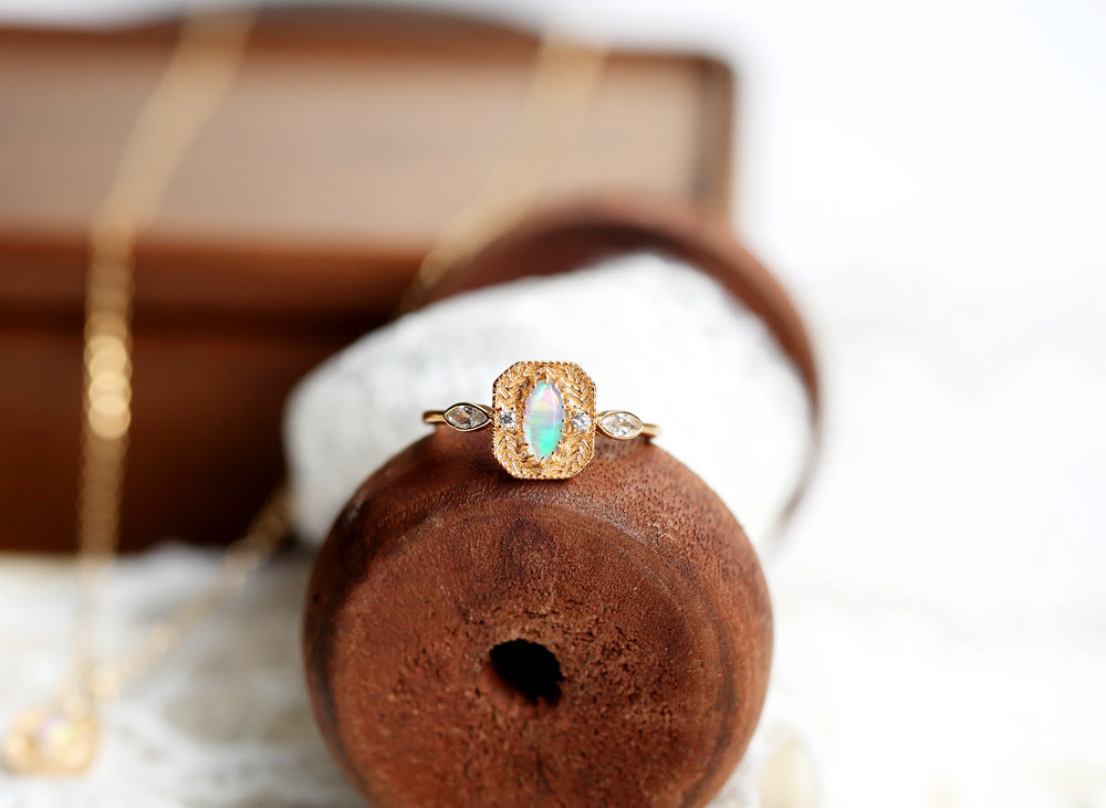 S925 Silver Wheat Ear Of Rice Opal Opal Ring Light Luxury Jewelry