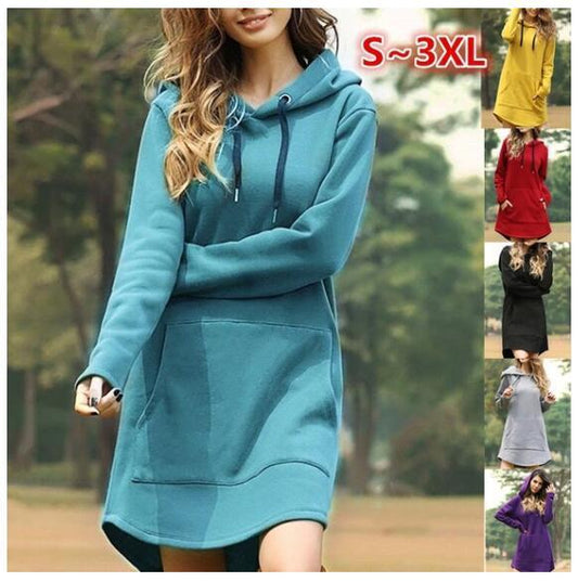 Solid color pocket long sleeve hoodie dress