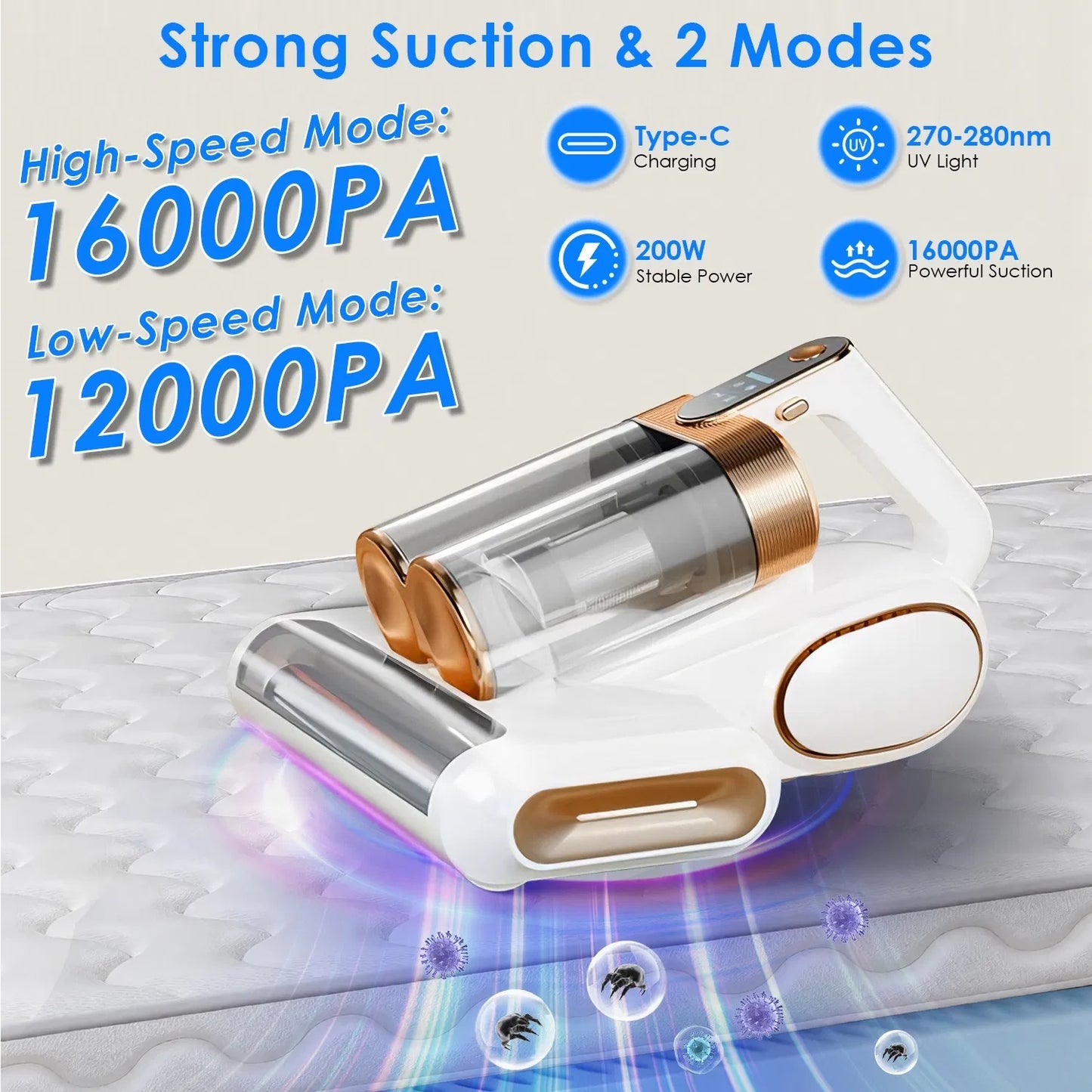 1Pc Mattress Vacuum Cleaner 16Kpa Bed Vacuum Cleaner Handheld Vacuums With Ultrasonic & UVC Light 18000 RPM Brushroll Rotation Dual Dust Bins Washable Filters For Bed Pillows Cribs Sofa