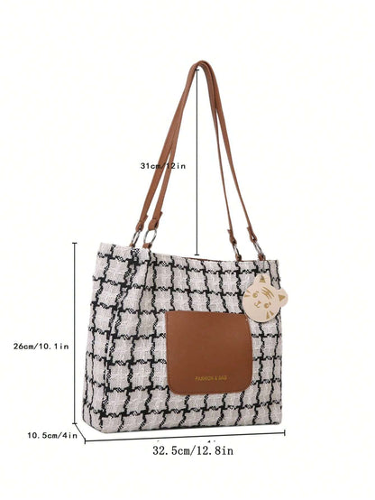 Plaid Shoulder Bag For Women, Large Capacity, Fashionable Commuting Plaid Casual Tote Bag With Pendant