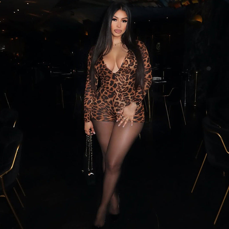 New Leopard Print V-neck Long Sleeve Sexy Tight Jumpsuit