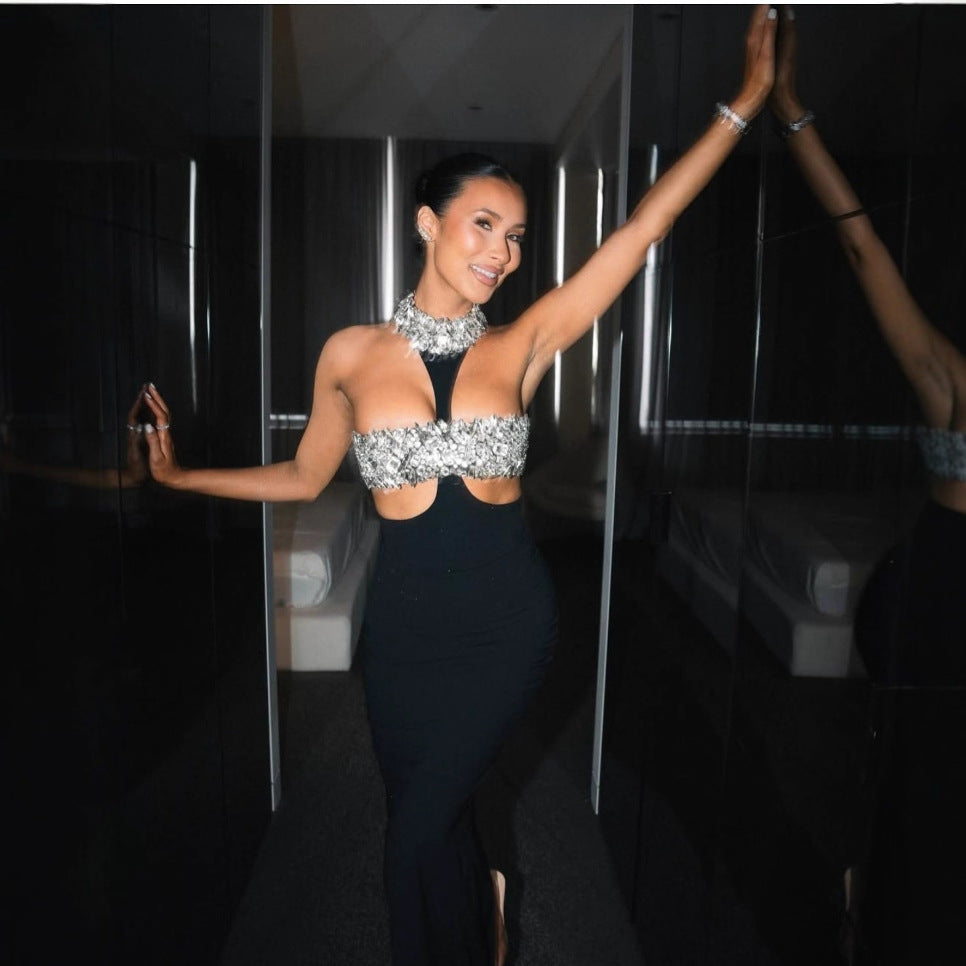 Luxury Rhinestone Fashion Halter Sexy Cutout Black Bandage One-piece Dress