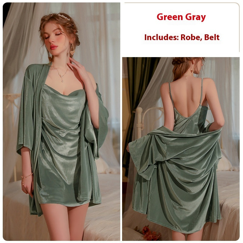 Velvet Backless Charming Slit Nightdress Women's Homewear Suit