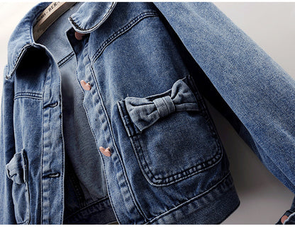 Doll Collar Bow Long Sleeve Denim Coat