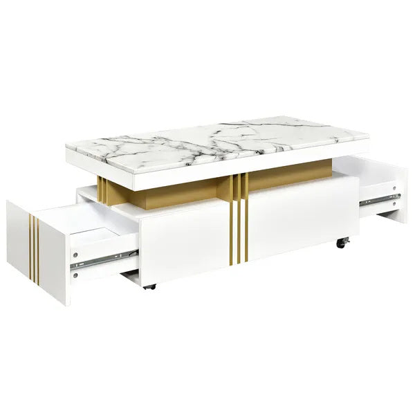 Coffee Table With Faux Marble Top, Rectangle Cocktail Table With Caster Wheels, Moderate Luxury Center Table With Gold Metal Bars For Living Room, White