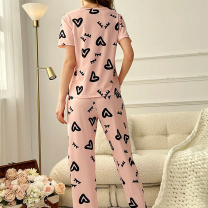 Printed Round Neck Short-sleeved Trousers Two-piece Suit Comfortable Home