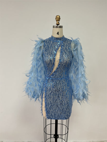 Hollow Gorgeous Feather Sleeve Blue Sequins Dress Light Luxury