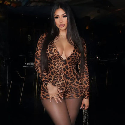 New Leopard Print V-neck Long Sleeve Sexy Tight Jumpsuit