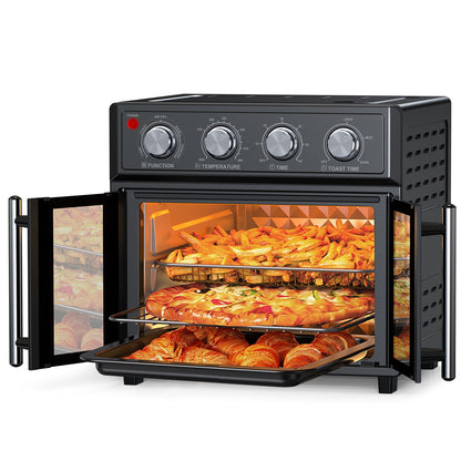 29.5 QT Air Fryer Convection Toaster Oven, French Door, 6 Slices, 1700W, Multifunction Oven, Air Fryer, Toast, Grill, Defrost, Bake, Time And Temperature Controls, Black
