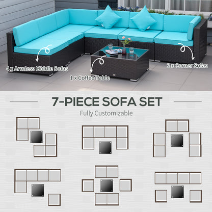 7-Piece Wicker Patio Conversation Set With Cushions & Glass Table, Turquoise