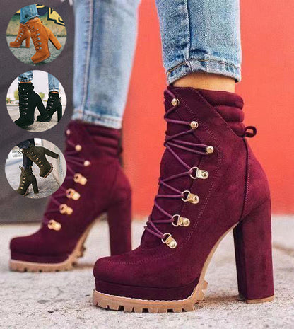 Heeled Boots For Women Round Toe Lace UP High Heels Boots Mid Calf Shoes