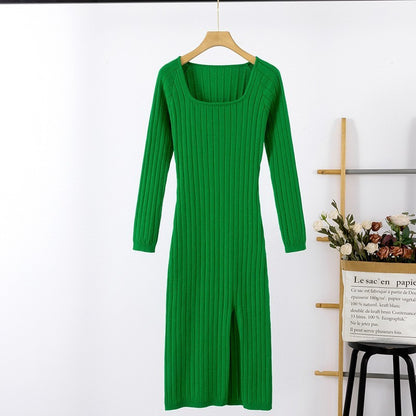 European And American Autumn And Winter Long Sleeve Crew Neck Split Knitted Long Dress