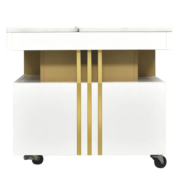 Coffee Table With Faux Marble Top, Rectangle Cocktail Table With Caster Wheels, Moderate Luxury Center Table With Gold Metal Bars For Living Room, White