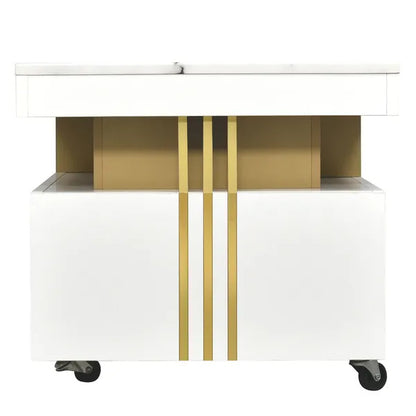 Coffee Table With Faux Marble Top, Rectangle Cocktail Table With Caster Wheels, Moderate Luxury Center Table With Gold Metal Bars For Living Room, White