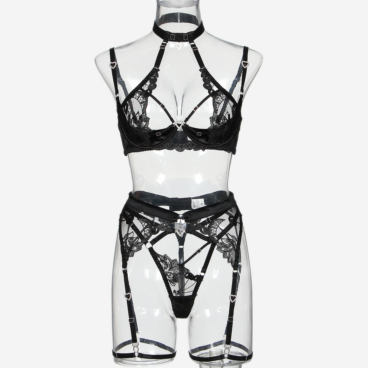 Love Drill Buckle Sexy Cutout Embroidered Sexy Lingerie Suit