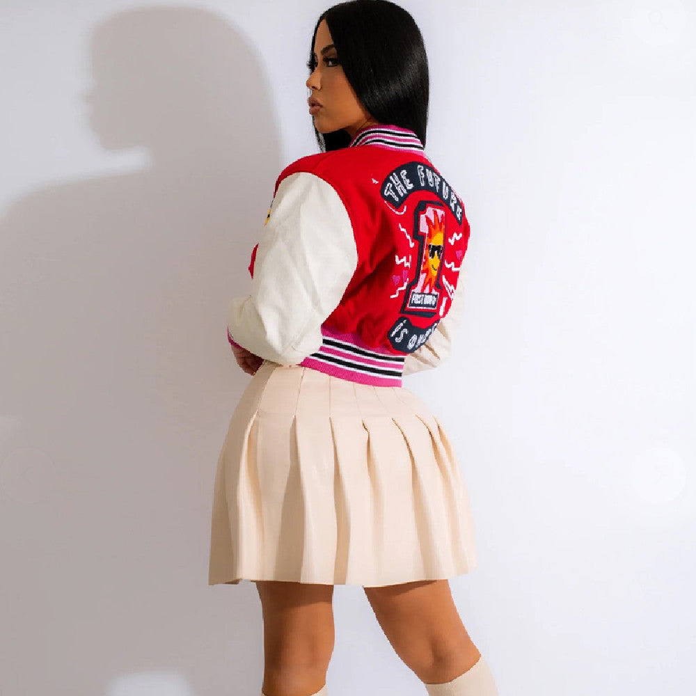 Thread Color Blocking Button Bomber Suit