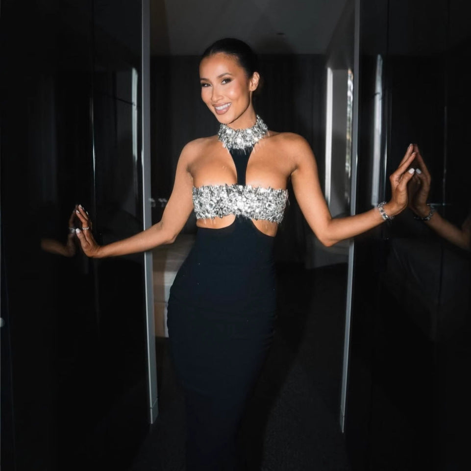 Luxury Rhinestone Fashion Halter Sexy Cutout Black Bandage One-piece Dress