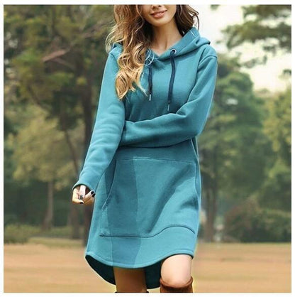 Solid color pocket long sleeve hoodie dress