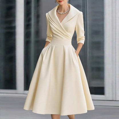 Women's Elegant Solid Cross V-Neck Midi Dress With Flared Skirt And Pockets Spring Summer Formal Dress