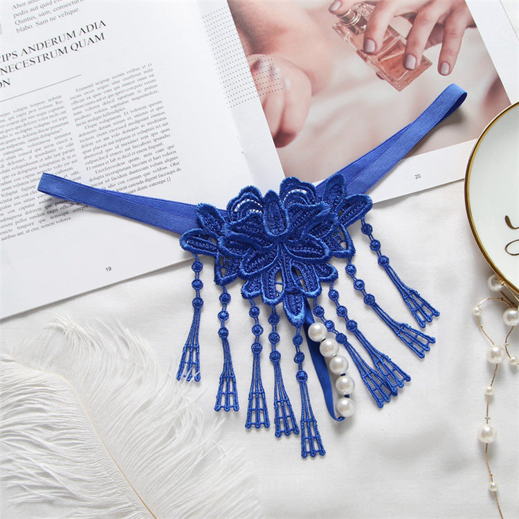 Women's Tassel Pearl Open-end Embroidered Underwear