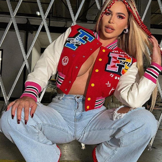 Thread Color Blocking Button Bomber Suit