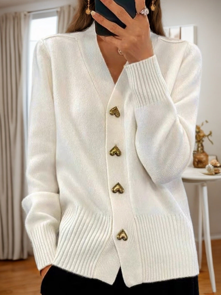 V-neck Knitted Sweater With Love Button Fashion Solid Long-sleeved Cardigan Spring And Autumn Women's Clothing