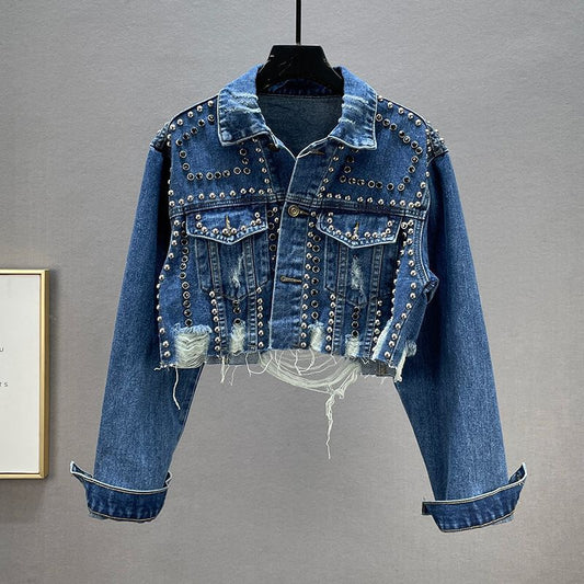 Denim Coat Women's Worn Beaded Jacket Top