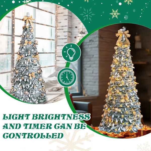 6 FT Snow Flocked Pre-lit Artificial Pop Up Christmas Tree With 100 Warm Lights And Golden Ornaments For Home Office Store Holiday Deco, Snowy Green
