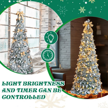 6 FT Snow Flocked Pre-lit Artificial Pop Up Christmas Tree With 100 Warm Lights And Golden Ornaments For Home Office Store Holiday Deco, Snowy Green