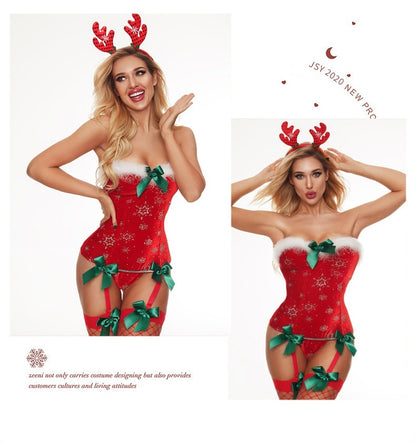 Polyester Red Christmas One-piece Lingerie Uniform Temptation Elk Headdress Jumpsuit