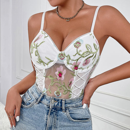 Flower Embroidery Sexy See-through Design Strappy New Camisole Jumpsuit
