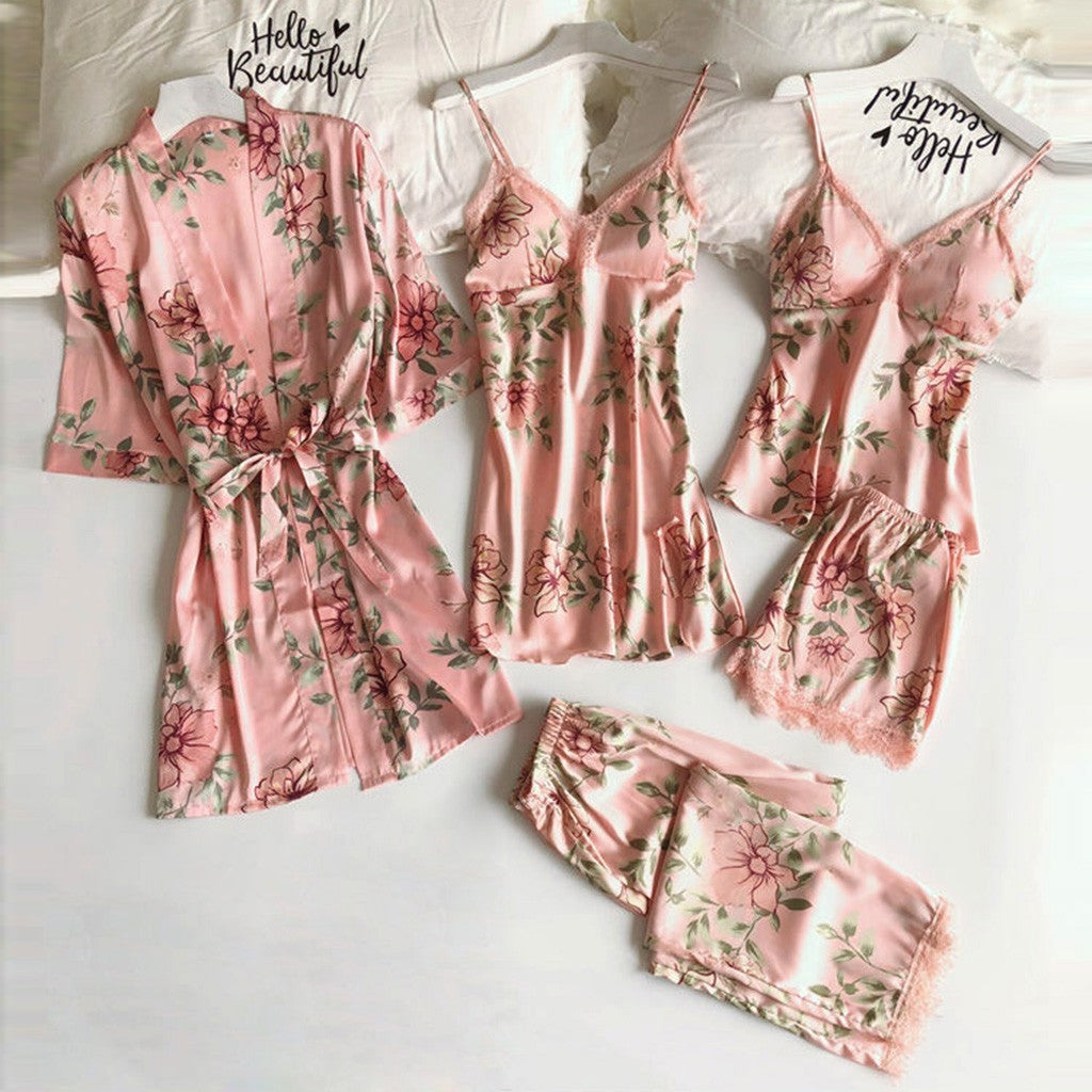 Pajamas Printed Women's Imitation Sling Sleeping Loose Comfortable Lace Five-piece Set