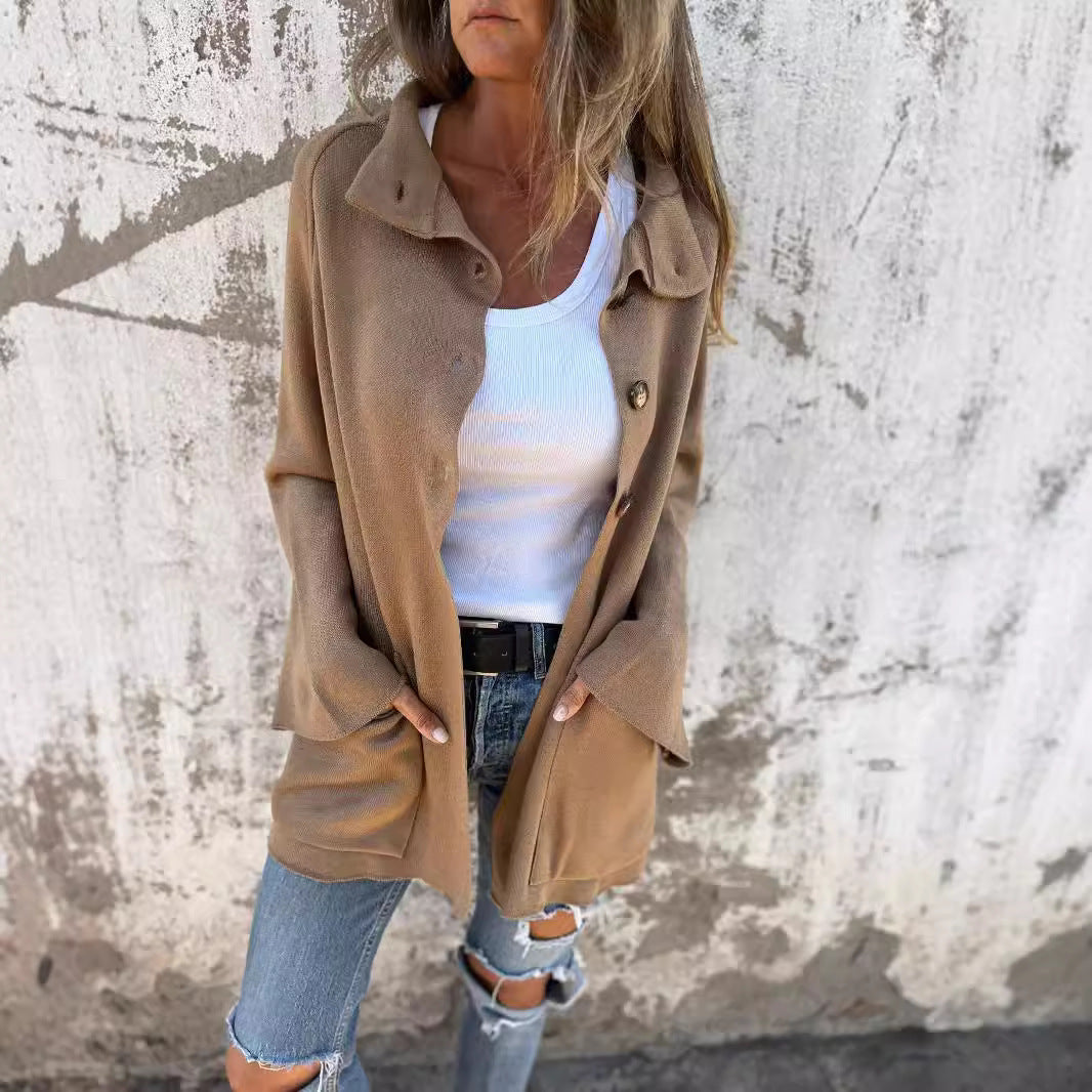 Ins Single Breasted Lapel Knitted Coat Fashion Pocket Long Sleeve Cardigan  Jacket Women's Clothing