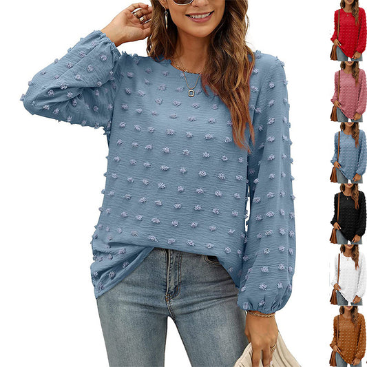 Fashion Jacquard Long-sleeved Round Neck T-shirt Casual Loose Pullover Top Womens Clothing