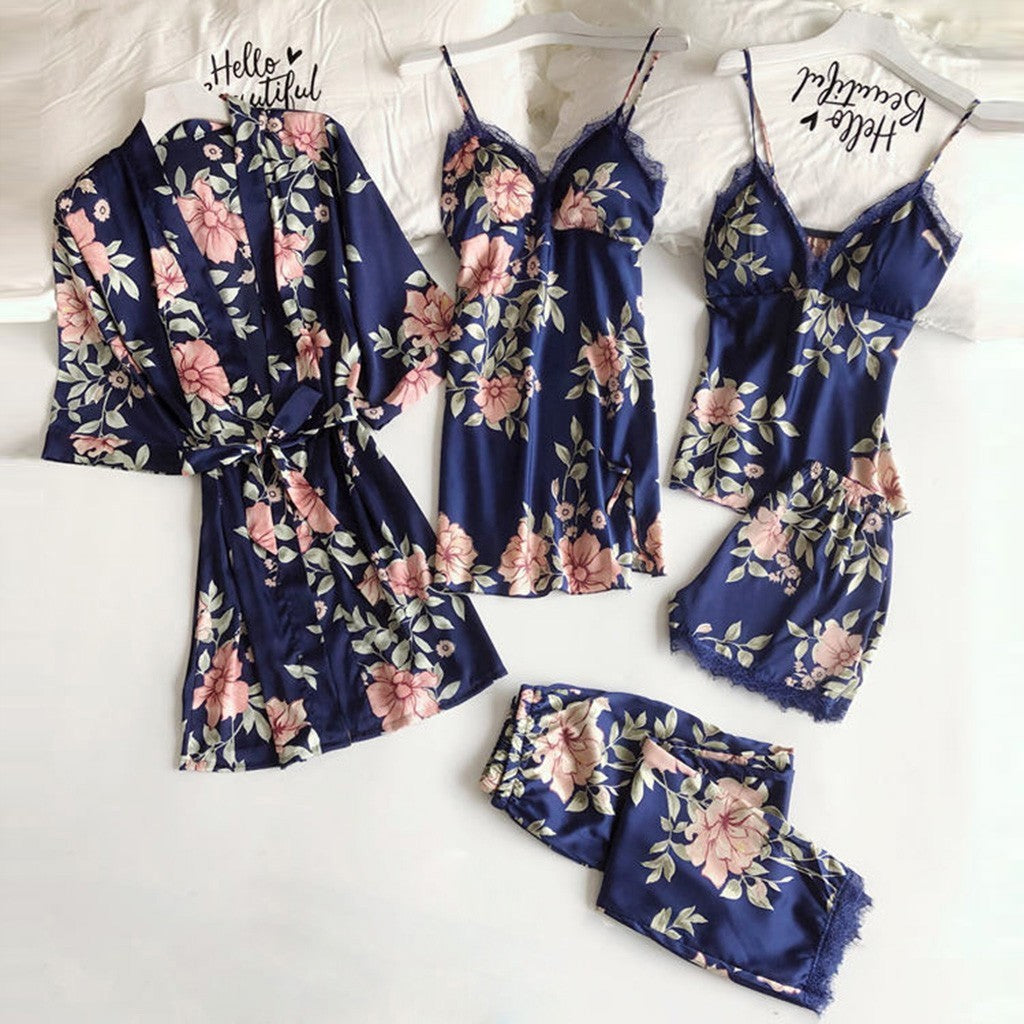 Pajamas Printed Women's Imitation Sling Sleeping Loose Comfortable Lace Five-piece Set