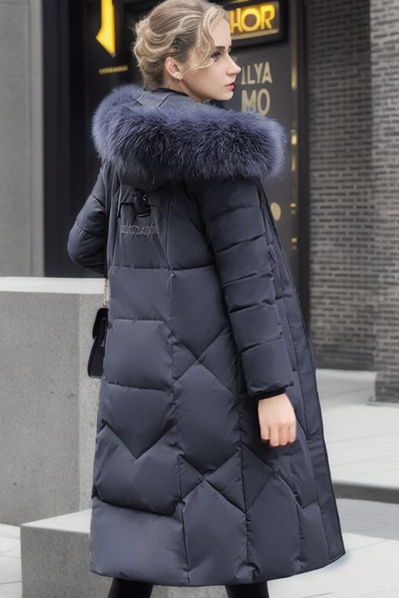 Slim Fit Below The Knee Cotton Coat Big Fur Collar Thickened Padded Jacket