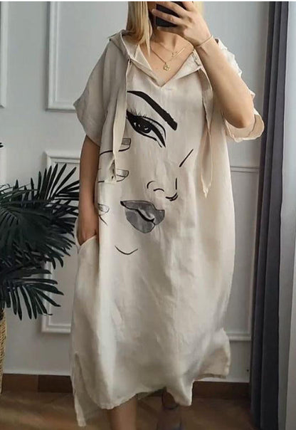 Loose Hooded Face Heat Transfer Patch Dress