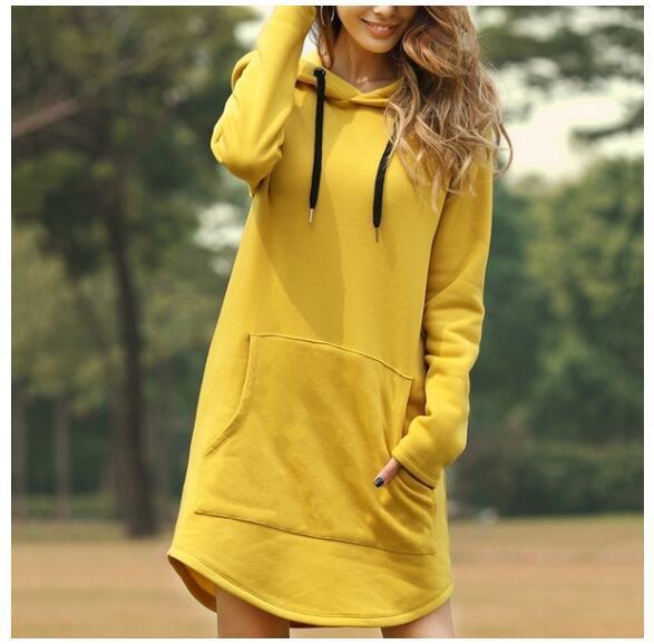 Solid color pocket long sleeve hoodie dress