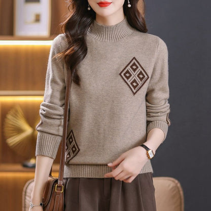 Winter Mock Neck Sweater Women's Western Style Top Plaid Colorblock Knitted