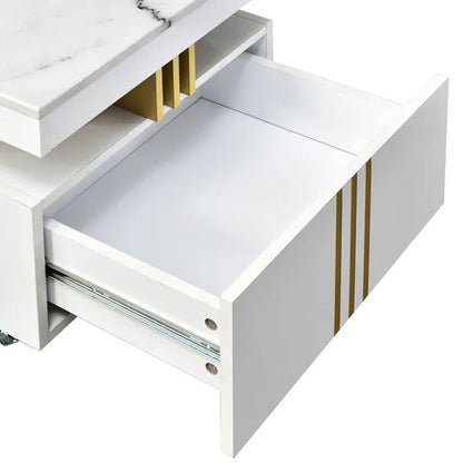 Coffee Table With Faux Marble Top, Rectangle Cocktail Table With Caster Wheels, Moderate Luxury Center Table With Gold Metal Bars For Living Room, White