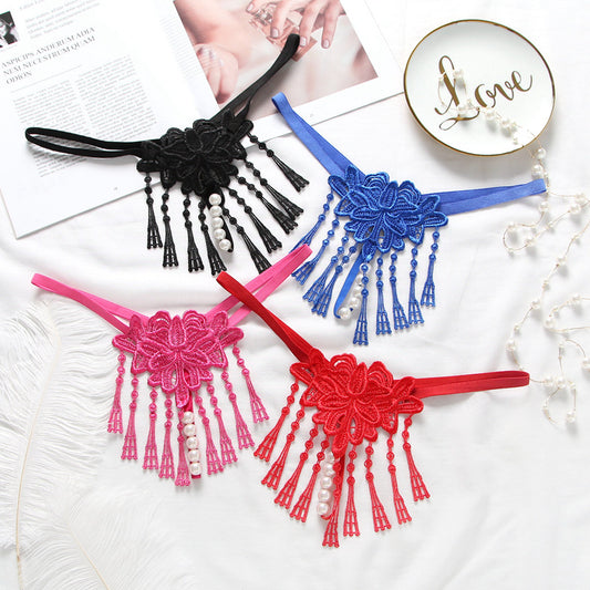 Women's Tassel Pearl Open-end Embroidered Underwear