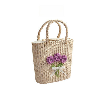 Sac en paille tissé à la main décontracté carré vertical fleur violet